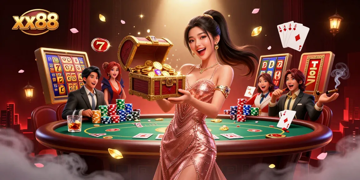 Experience the excitement of xx88 with a joyful woman revealing treasures in a vibrant casino world.