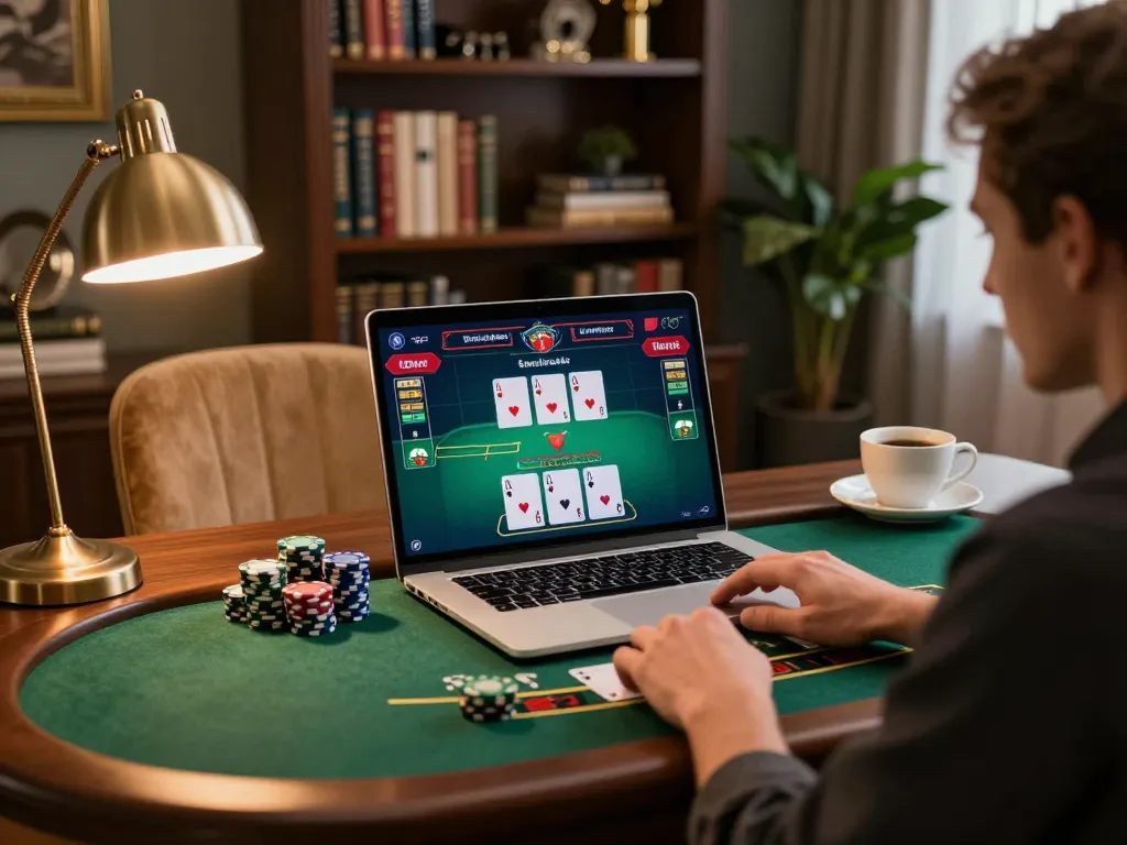 Player engaging in live blackjack on qh88go amidst a luxurious home setting showcasing strategic online gaming.