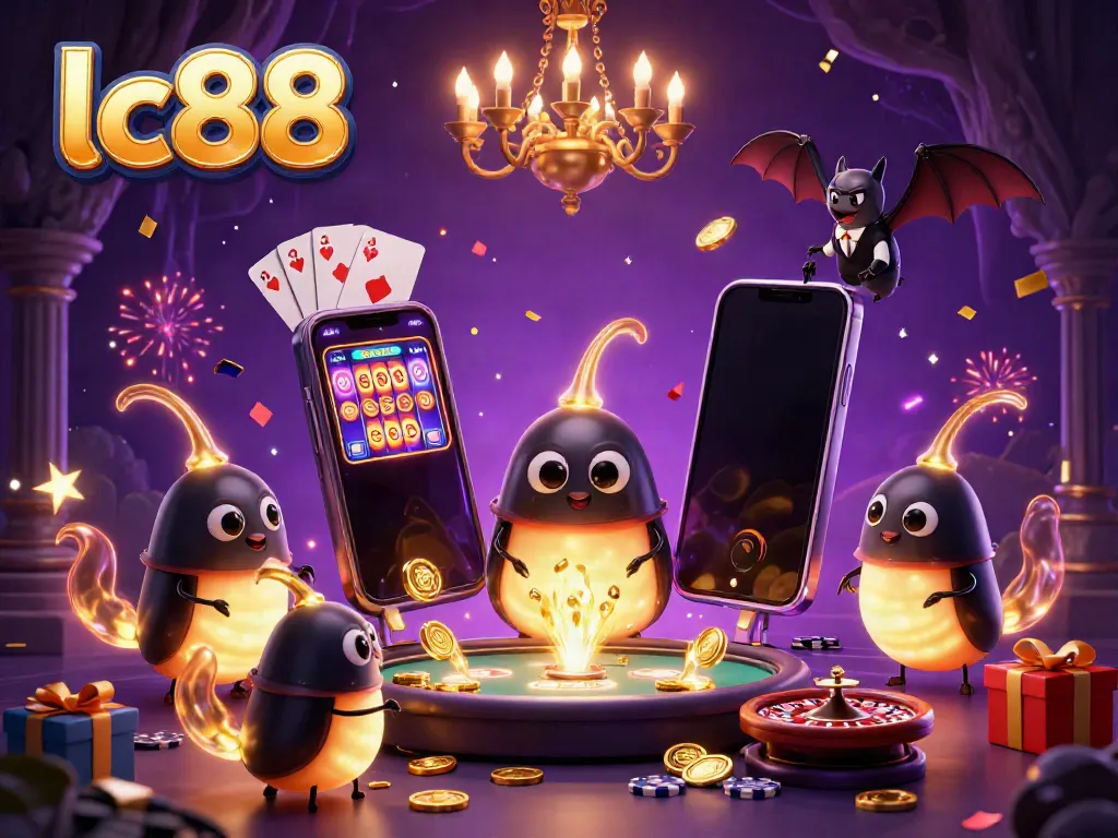 Illuminated cave casino scene with lc88 glowworms and a bat dealer amidst dynamic gaming elements.