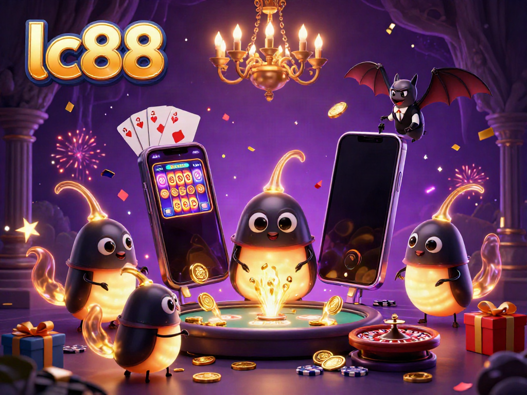 Illuminated cave casino scene with lc88 glowworms and a bat dealer amidst dynamic gaming elements.