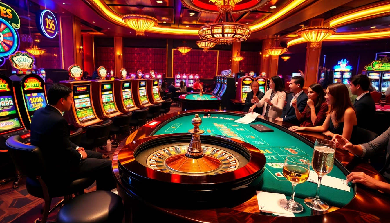 Experience the thrill of gambling at uu88 vom with an elegant casino scene featuring roulette and slot machines.