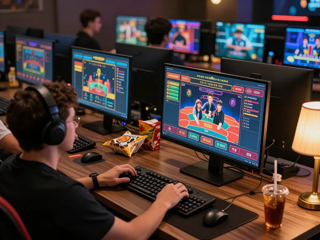 Engaging in online gaming at trang chủ 58win with multiple screens showing live casino action