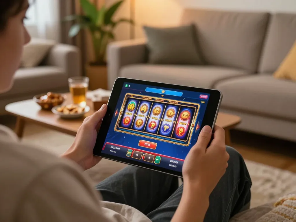 Engaging in online slots gameplay on a casino app, showcasing 78win01 for an immersive home experience.