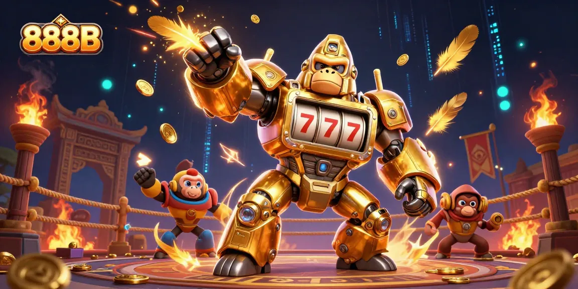 Experience thrilling wins with 888B casino's golden gorilla mech and winning slot machine elements.