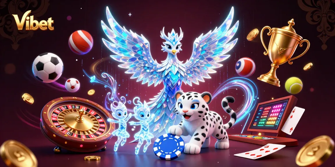 Vibet engages players with vibrant 3D illustrations featuring the ice phoenix, sports gambling elements, and casino excitement.
