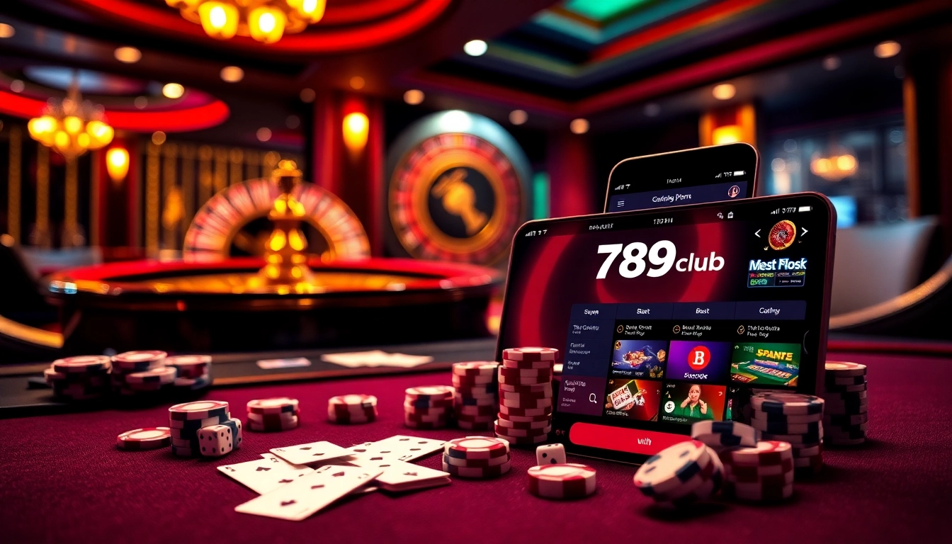 Players engaging with 789club's online casino games, featuring vibrant poker chips and roulette.