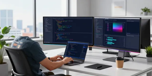 Developer utilizing instant indexing tools in a vibrant tech workspace.