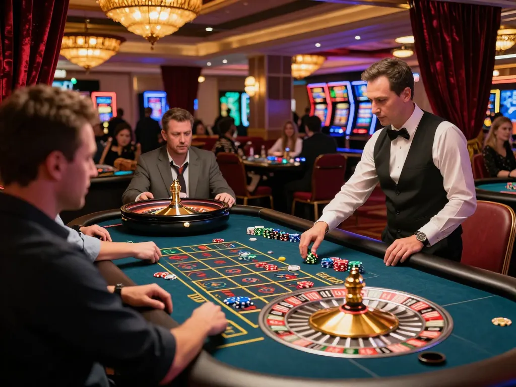 Players engaged in fast-paced roulette action at 9BET casino, croupier managing bets.