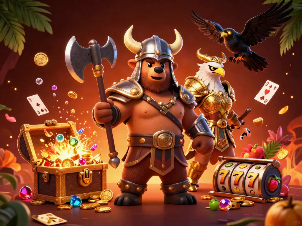 Experience go88h excitement with a vibrant Viking bear and Valkyrie eagle in a lively casino scene!