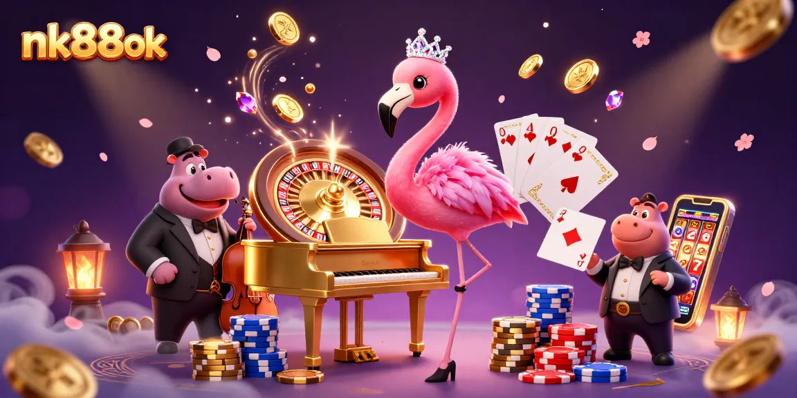 Experience excitement at nk88ok with a lively casino scene featuring a flamingo singer and hippo bassist.