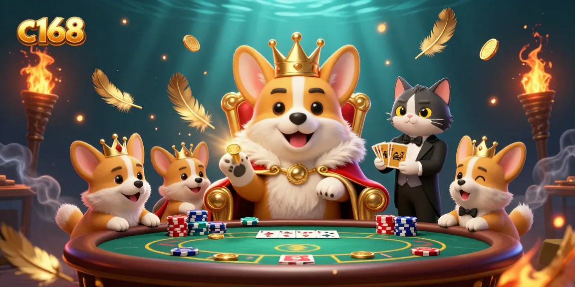 Experience vibrant casino action with the c168 royal corgi on a poker throne amid coins and cards.