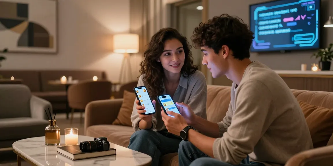 Young couple using smartphones for sex chat ai in an upscale lounge, immersed in intimate conversation.