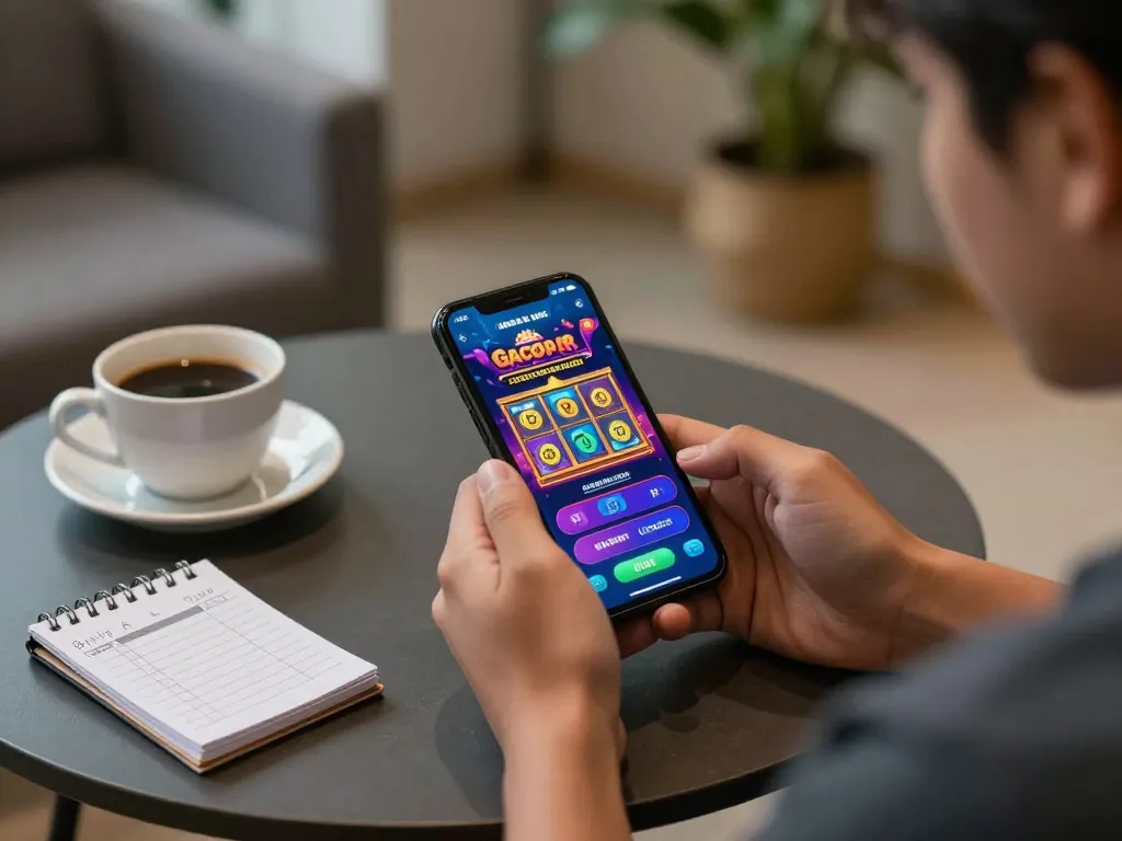 Engaging with link slot gacor app for mobile gaming, showcasing strategy and excitement in a cozy setting
