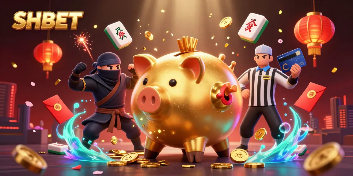 Win big with SHBET alongside a piggy bank sumo and wallet-ninja in a vibrant casino cash scene.