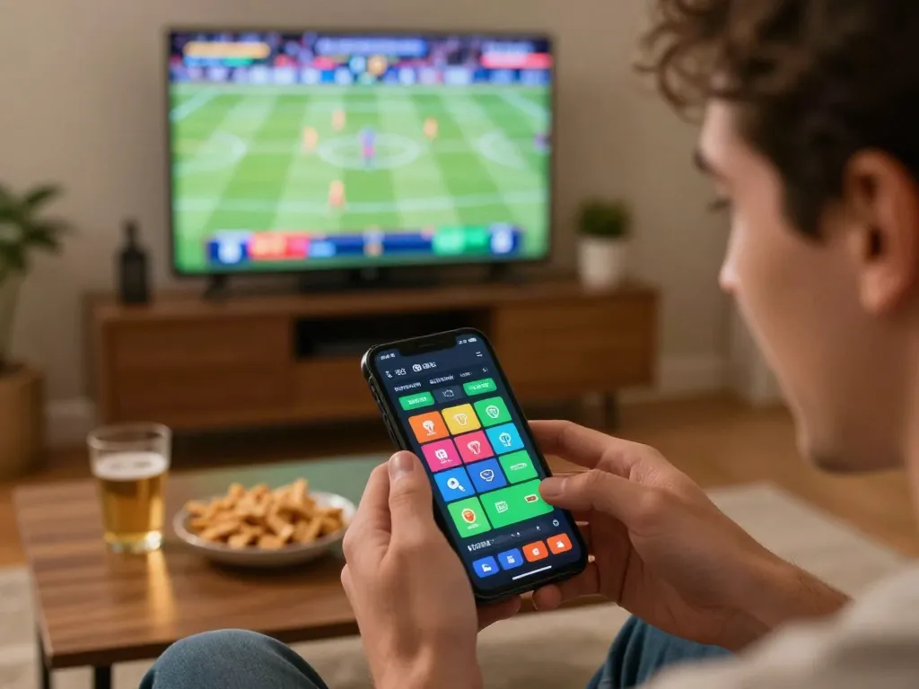 Excited user placing bets on the 58win mobile app with live sports in view.