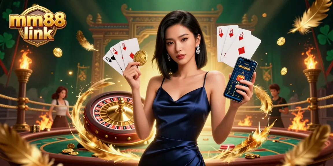 Engage with the mm88 link as a stunning Asian woman showcases a casino app alongside a 3D roulette.