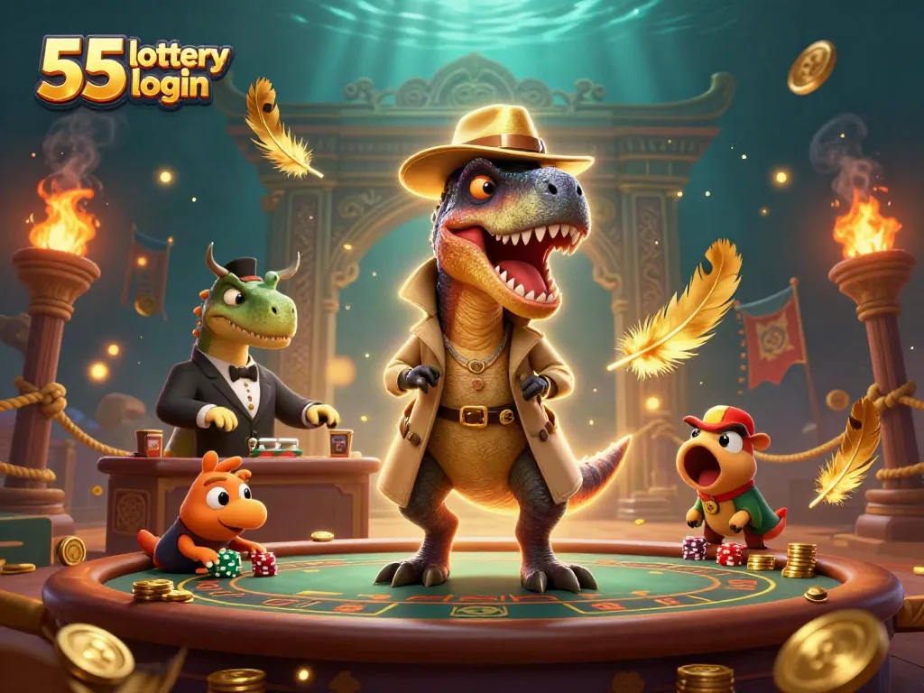 Engaging scene of the 55 lottery login with a velociraptor card counter, pit boss, and pickpocket surrounded by vibrant casino elements.