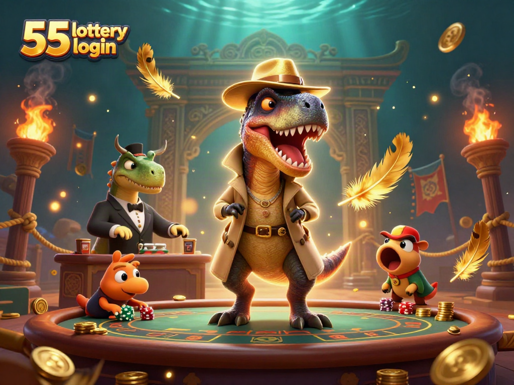 Engaging scene of the 55 lottery login with a velociraptor card counter, pit boss, and pickpocket surrounded by vibrant casino elements.