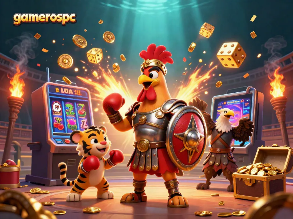 Experience exhilarating gameplay at gamerospc with a vibrant 3D casino scene of characters and slot elements.