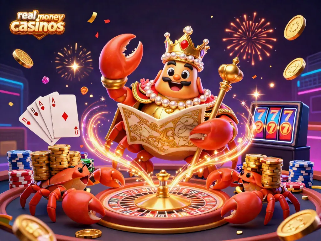 Experience the excitement of real money casinos with a golden crab emperor in a vibrant casino scene.