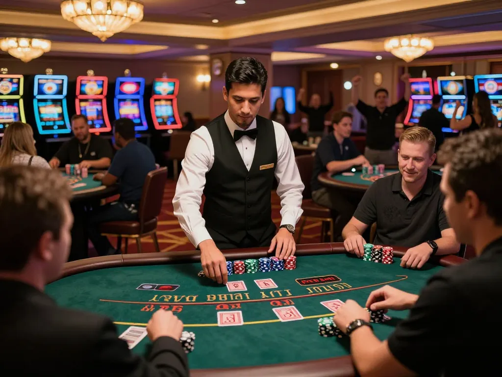 Excited players engaging in high-stakes blackjack at 7M casino with vibrant atmosphere and warm lighting