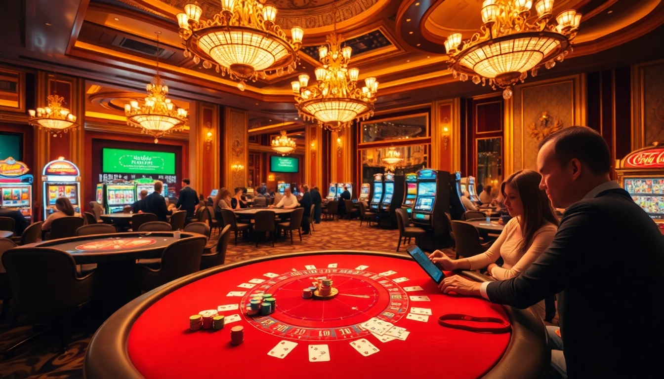 Exciting gambling scene featuring Haywin players at a vibrant poker table and slot machines.