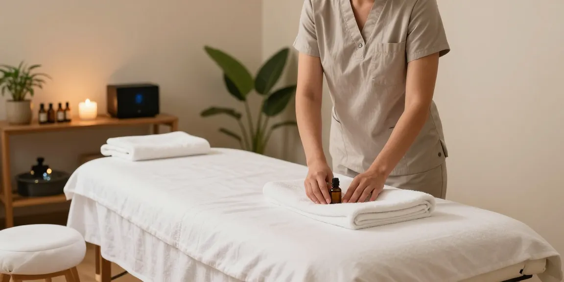 Calming scene of a therapist preparing for 창동출장안마 in a serene massage environment.