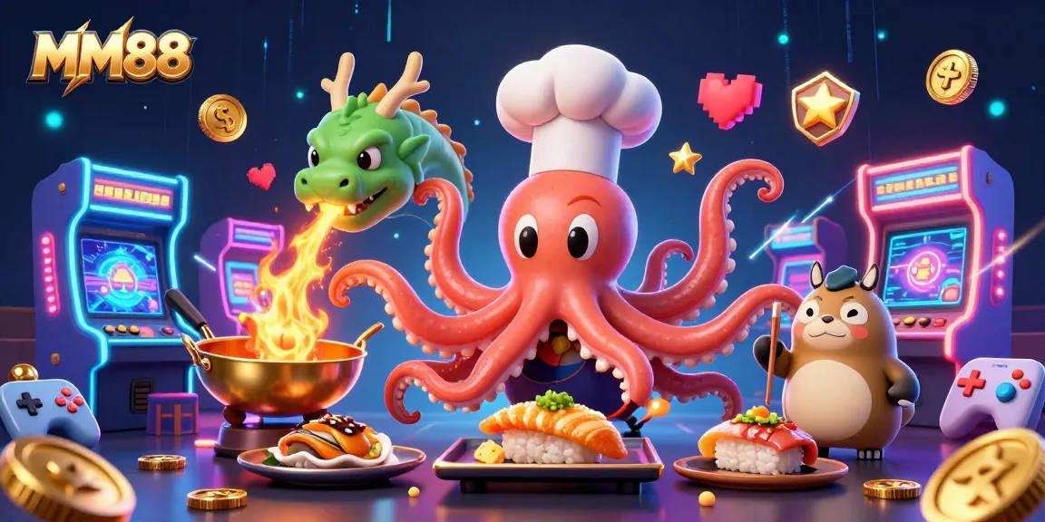 MM88 sushi octopus prepares dishes alongside a dragon in a vibrant casino scene