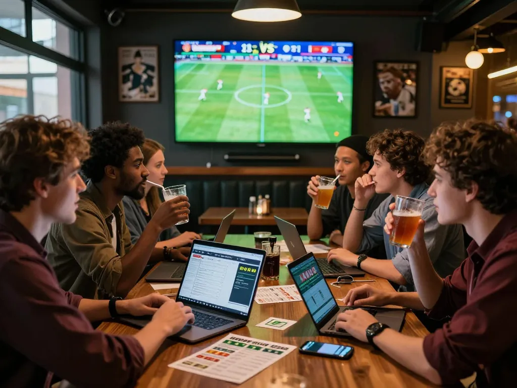 Exciting sports betting atmosphere at a bar showing keo nha cai on screens with engaged friends.