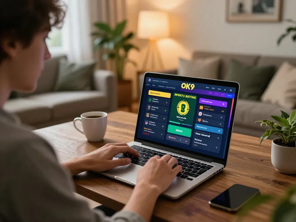 Player engaging in sports betting on the OK9 platform from a cozy home setting, showcasing vibrant interface.