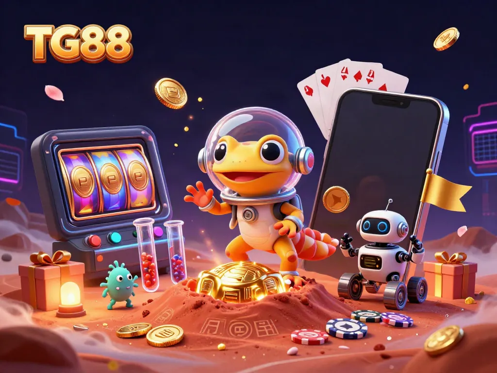 Experience the excitement of TG88 with a Martian gecko uncovering a golden casino in vibrant 3D detail.