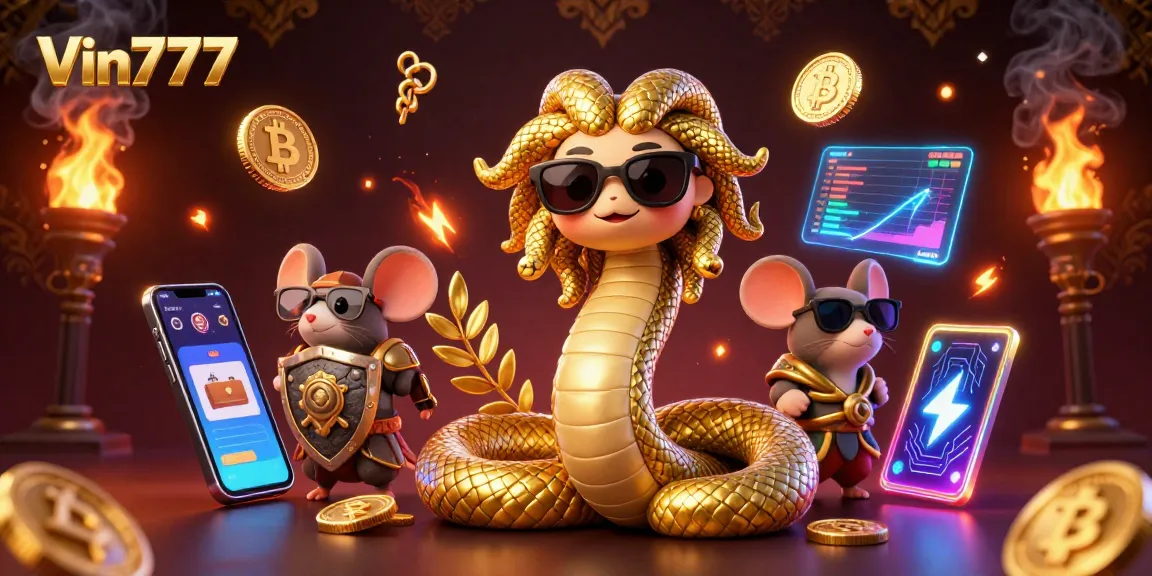 Play exciting games at Vin777 with a vibrant 3D illustration showcasing crypto elements.