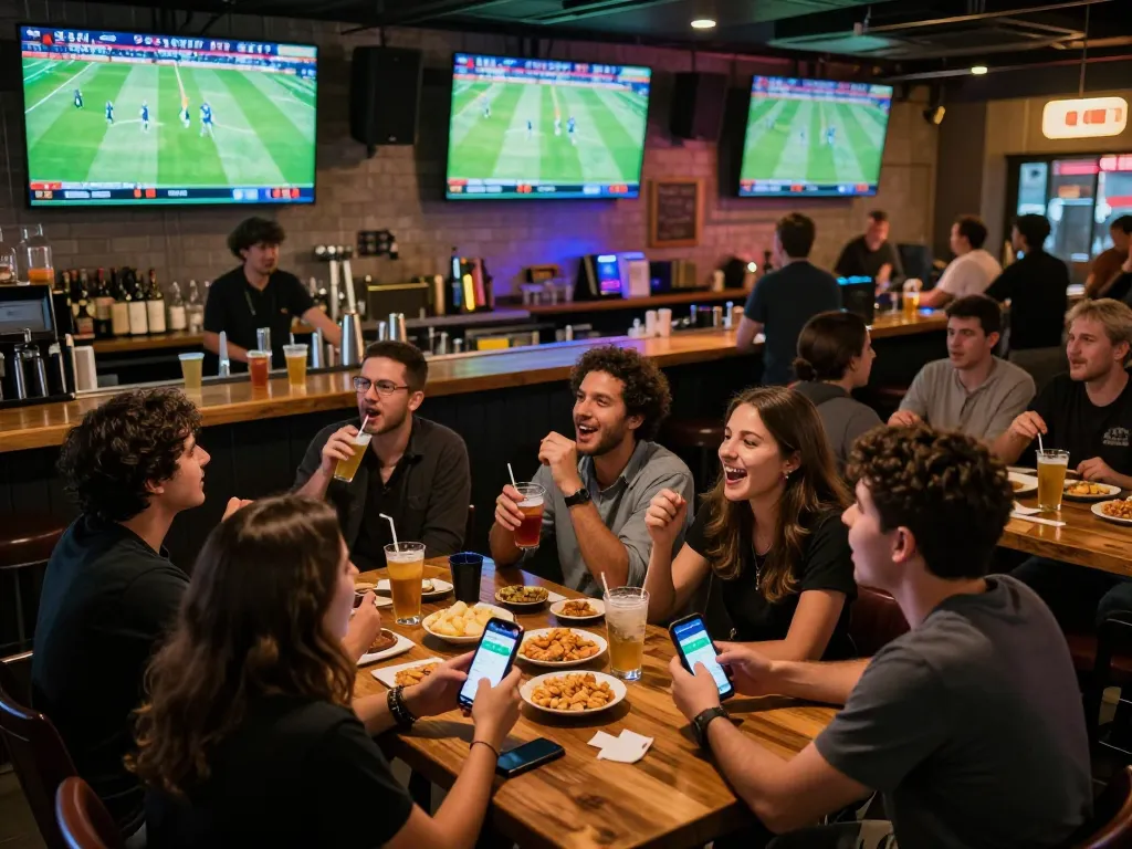 Socolive streaming live football in Full HD at a sports bar, fans engaged and excited