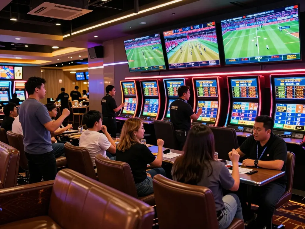 Engaged bettors at TA88 sports betting area, focused on screens showing live events and odds.