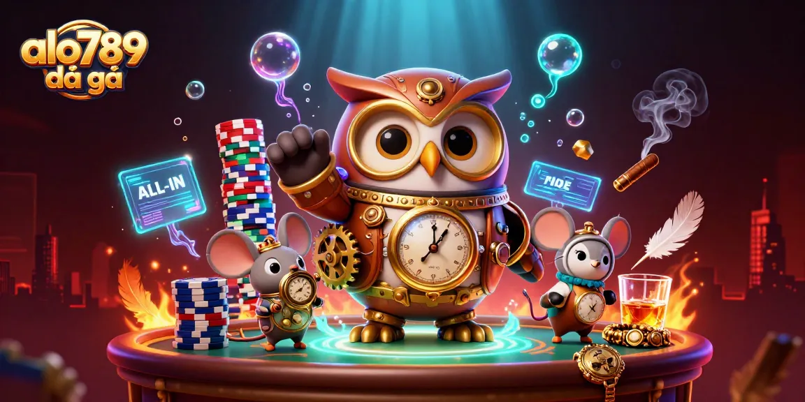 Experience the excitement of alo789 đá gà with a dynamic steampunk casino scene featuring an owl and mouse.