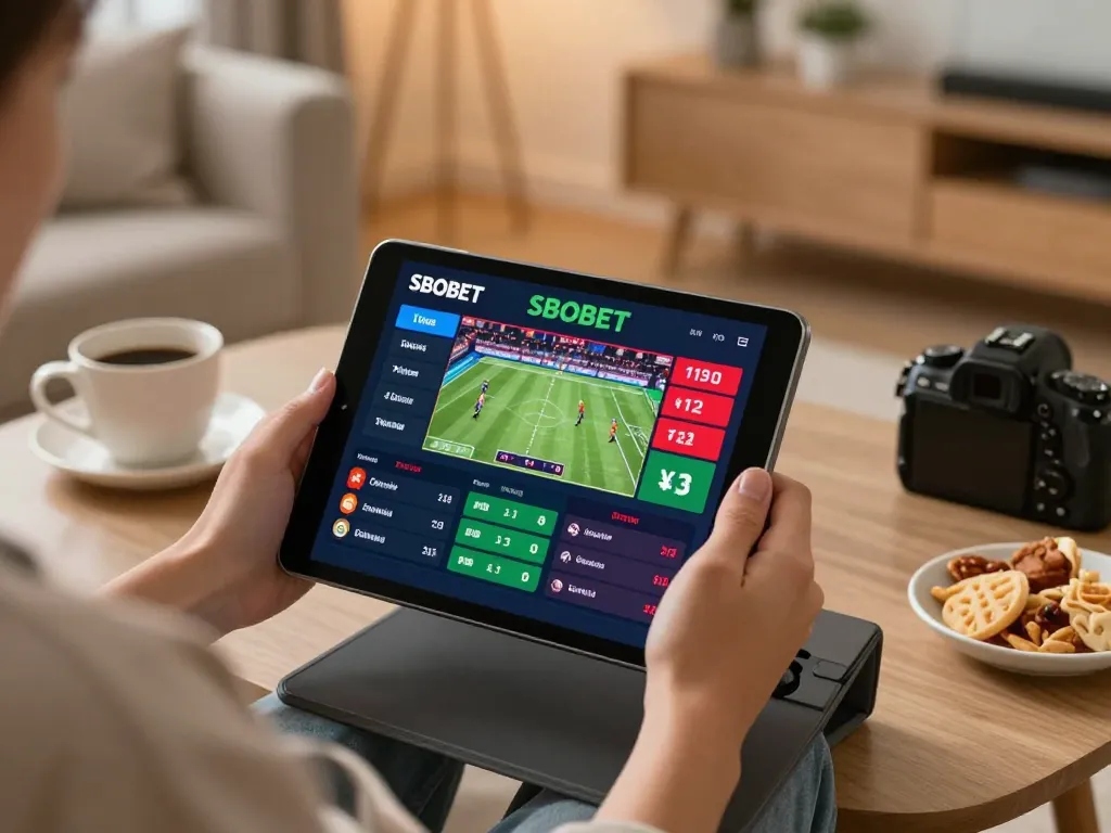 SBOBET sports betting on tablet in a cozy home with live odds displayed, showcasing responsible gaming.