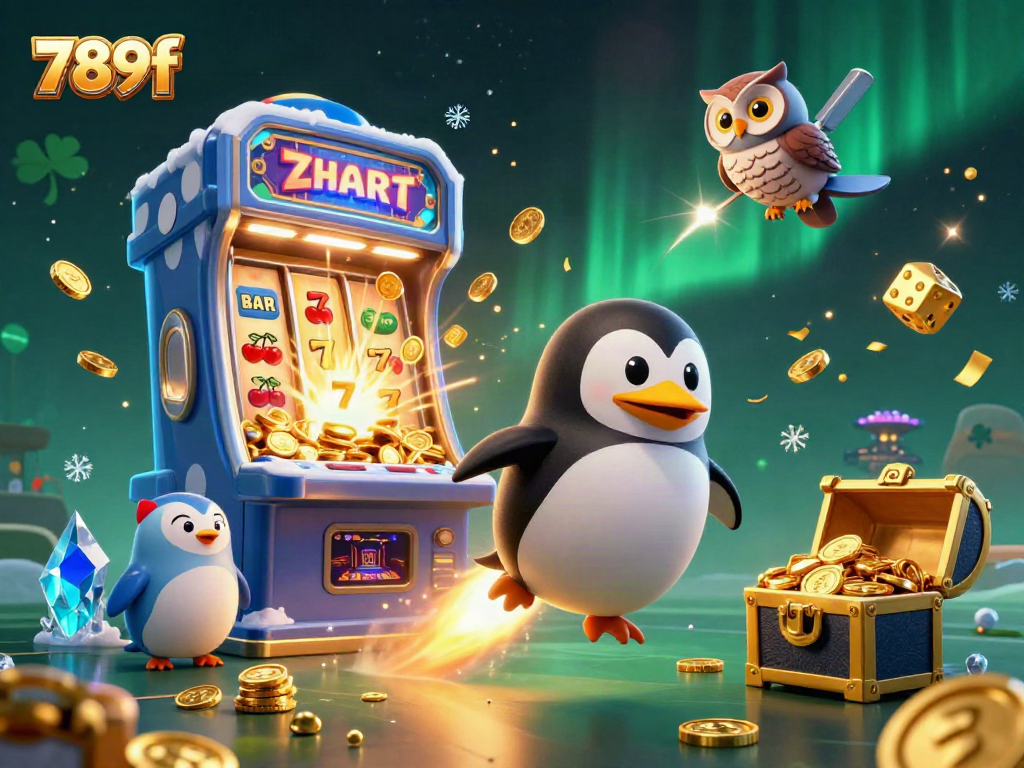 Experience thrilling gaming action with 789f, featuring a vibrant golden penguin and festive casino elements.
