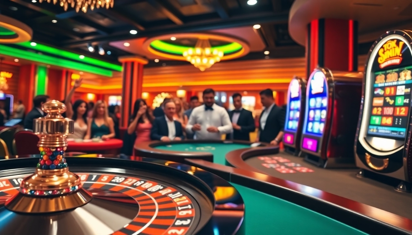 Experience thrilling gameplay at hm88.con with luxurious casino tables and vibrant slot machines.