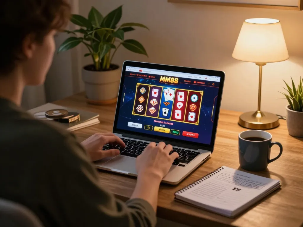 Playing on the MM88 reisen online casino, a user engages with vibrant poker graphics on their laptop.