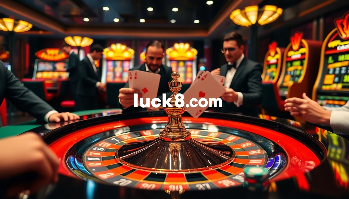 Players enjoying a thrilling roulette game at luck8.com, showcasing vibrant chips and high-stakes excitement.