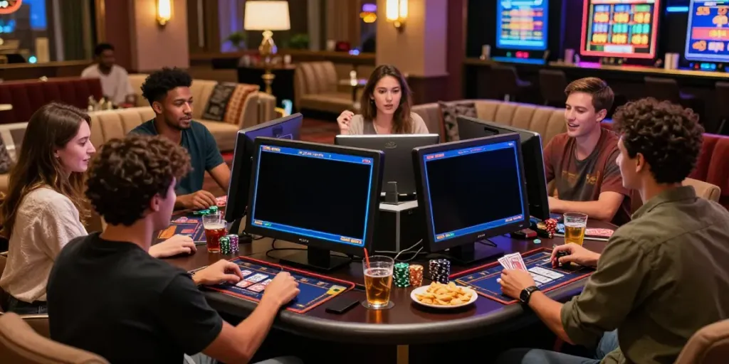 Exciting engagement at https://stargazyinn.co.uk featuring friends playing Bonus Buy slots in a modern casino.