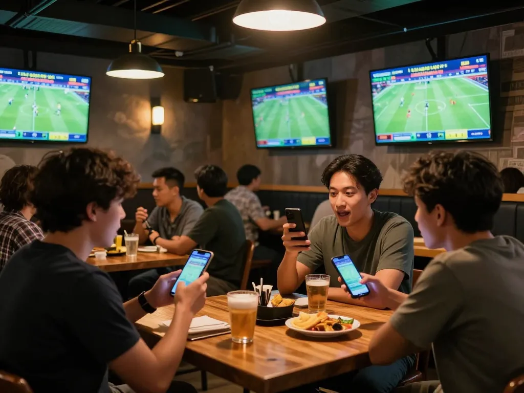 Tỷ Lệ Bóng Đá betting scene in a sports bar with excited fans analyzing odds.