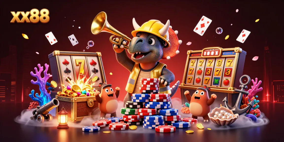 xx88 slot gaming scene with a cheerful triceratops and vibrant casino elements illustrating fun