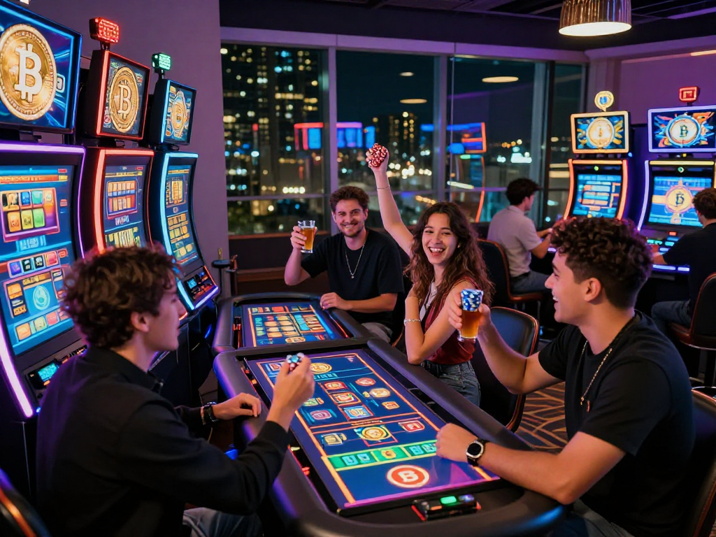 Exciting crypto casino scene with players engaged at modern gaming tables, vibrant atmosphere and LED displays.