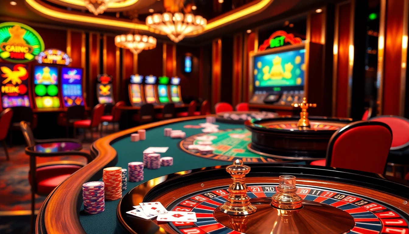 Experience dynamic gaming with DEBET, showcasing vibrant casino tables and exciting slot machines.
