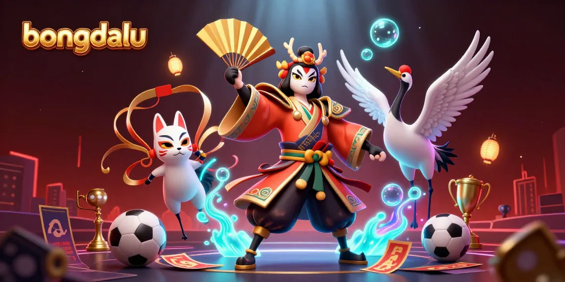 Bongdalu sports betting scene with kabuki warrior and kitsune companion surrounded by trophies and betting slips.