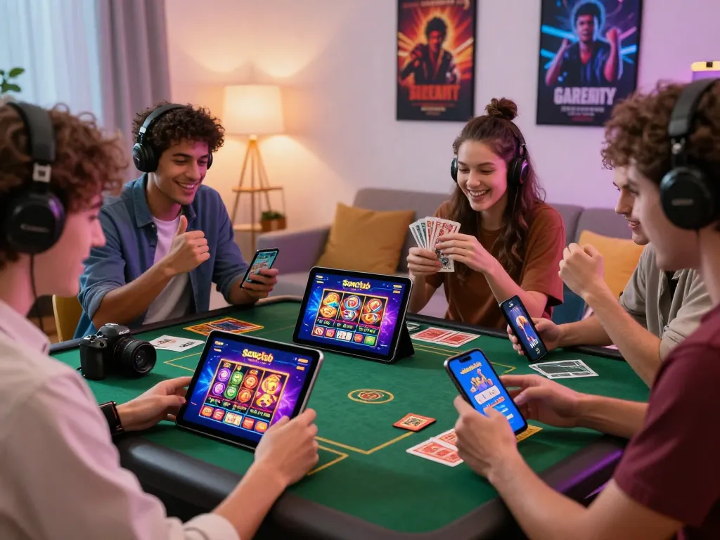Excited friends enjoying online gaming on Sonclub app in a lively living room.