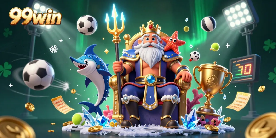Bet big with 99win in this vibrant casino scene featuring Neptune and dynamic sports action.