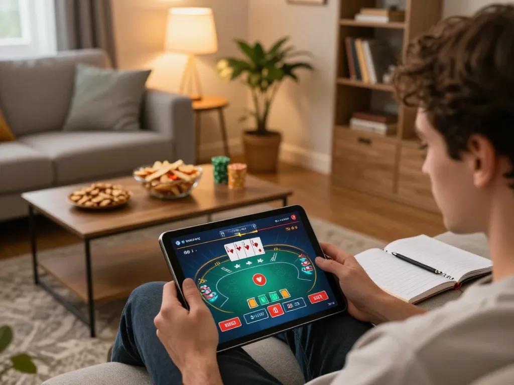 Player engaging with nk88 on a tablet while relaxing at home, showcasing an online poker game.