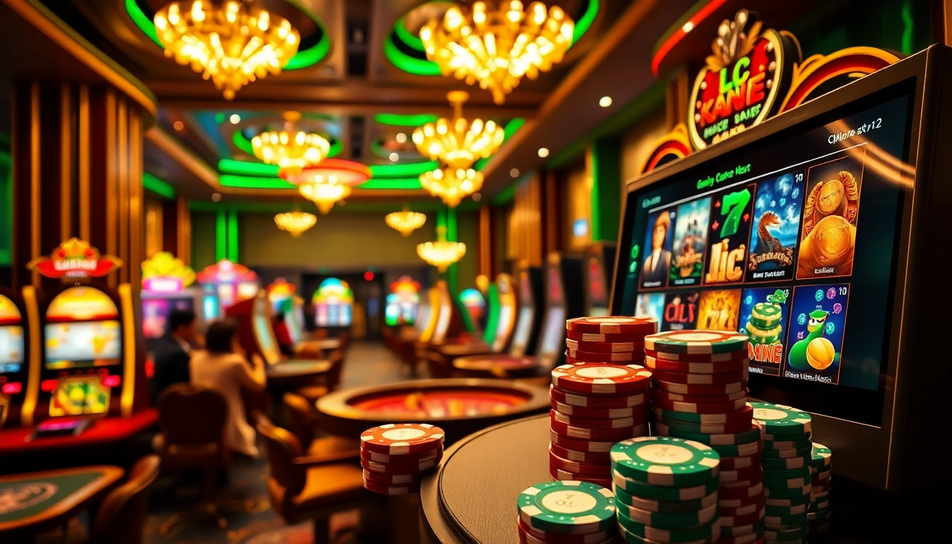 Engaging LC 88 online casino gaming atmosphere with vibrant slot machines and poker chips.